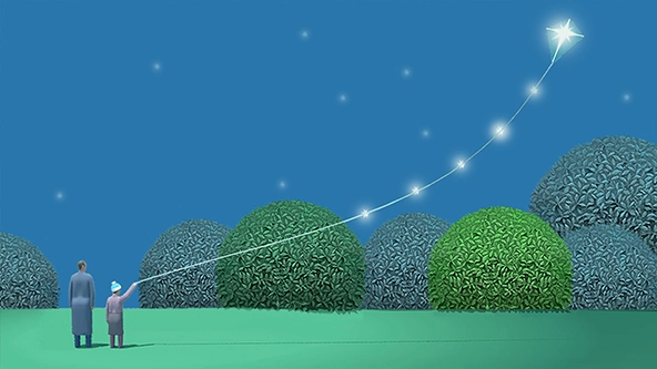 Child holding a kite string that's made of stars, connected to a kite made of stars