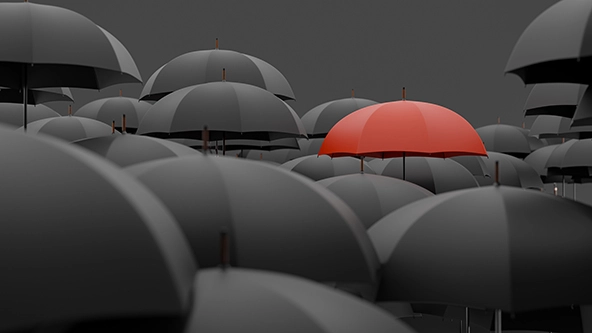 Red umbrella raised in sea of grey umbrellas