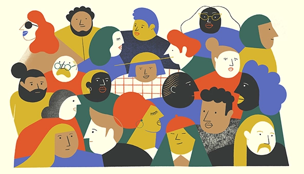 Colorful illustrated collage of many different diverse people