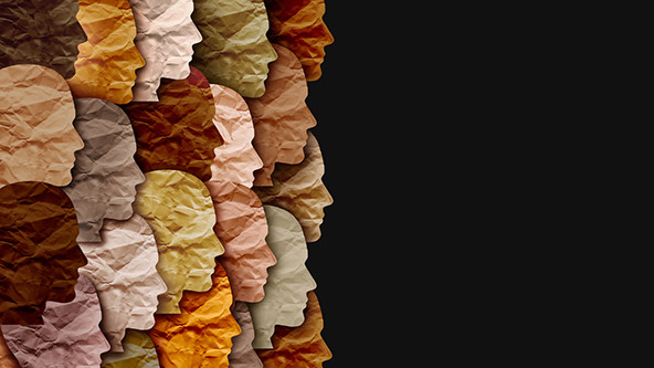Abstract illustration of multi-racial faces in a group with a black background