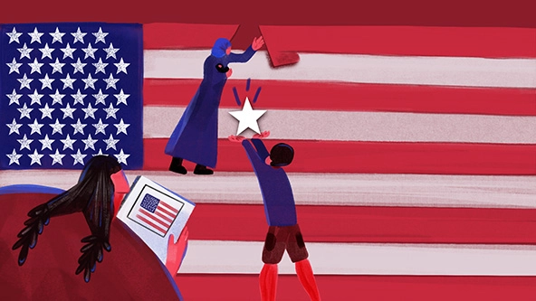 people putting pieces together in an american flag