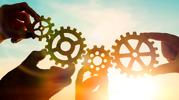 Four hands holding gears together to symbolize working collaboratively