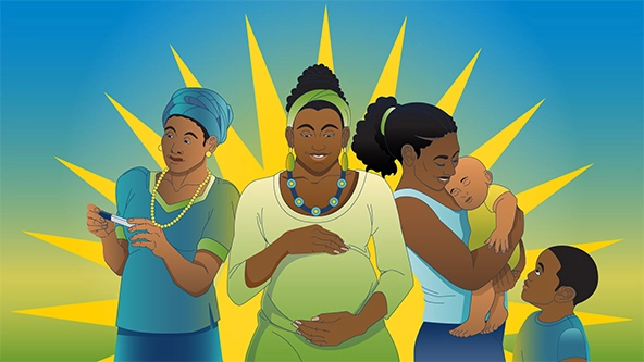 Woman looking at pregnancy test, pregnant woman, and woman with small children