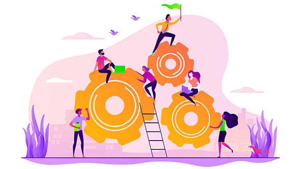 Team of people with interlocking gears to show partnership