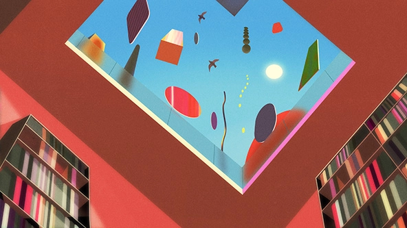 room with bookshelves, skylight with floating shapes above it