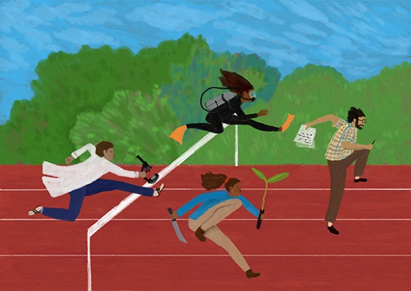 scientist, journalist, scuba diver, and farmer jumping over a hurdle on race course
