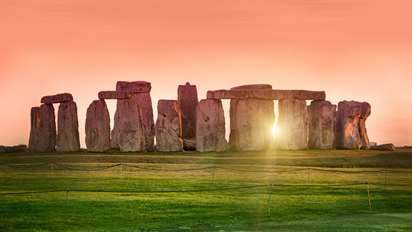 Sunset at prehistoric monument of Stonehenge in England