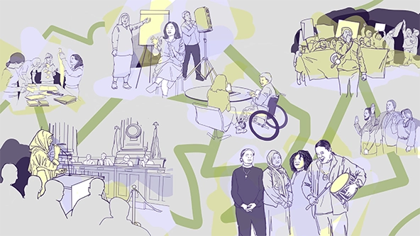 A hand-drawn collage of several scenes depicting groups of people and how immigrant rights groups can support communities