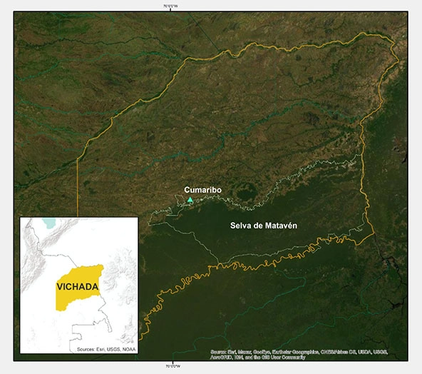 A computer generated map of the Selva de Matavén in Colombia