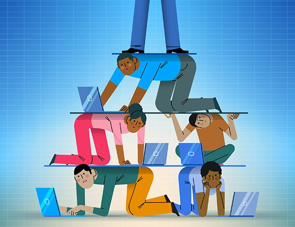 someone standing on a pyramid of technology workers of colors looking at laptops