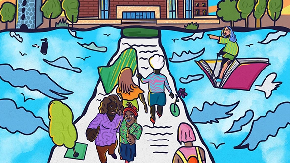 People walking on a path toward a building