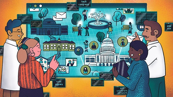 People gathered around a large screen looking at a web of connecting institutions and tech infrastructure.