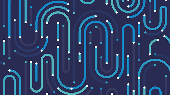 Blue and green curved lines and white dots symbolize technology networks