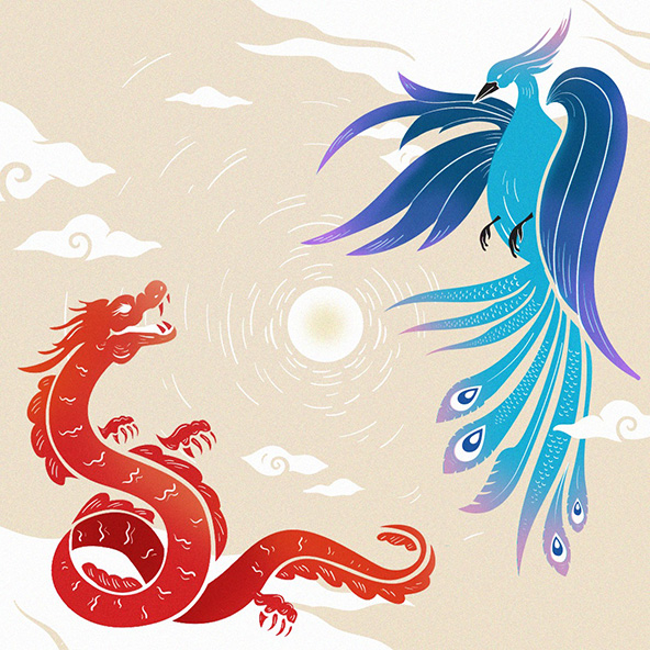 A dragon and a phoenix facing each other