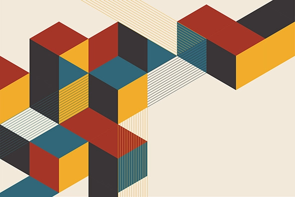 abstract geometric shapes with yellow, red, blue, and black flat objects pattern.