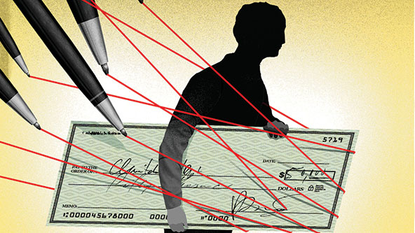 Silhouette walking with a check that's attached to pens by red strings
