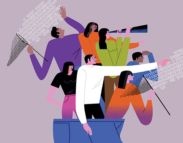 Group of people looking and pointing forward with butterfly nets catching data