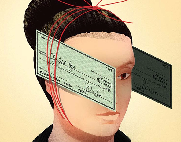 Woman with checks tied to her head acting as blinders.