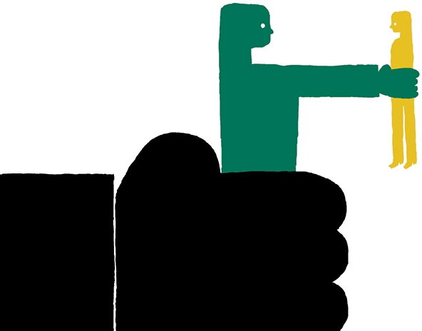 Fist holding a figure, holding a smaller figure