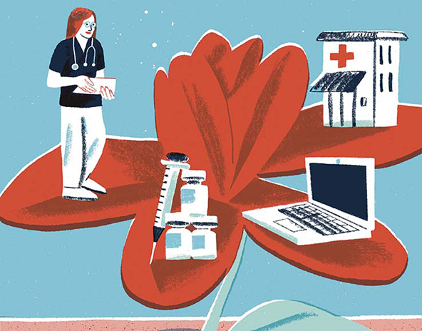Symbols of health care system -- health-care worker, syringe, laptop, hospital -- on petals of a flower