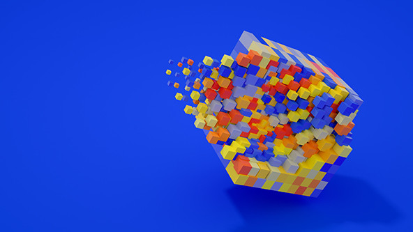 Small multi-colored cubes coming together to form a larger cube