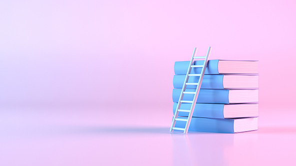 A ladder propped up against five school books.