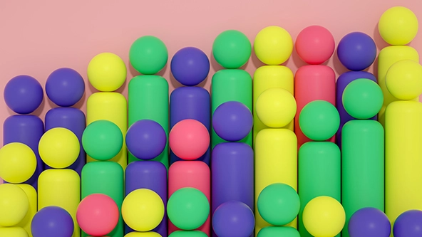 Rows of different colored peg figures