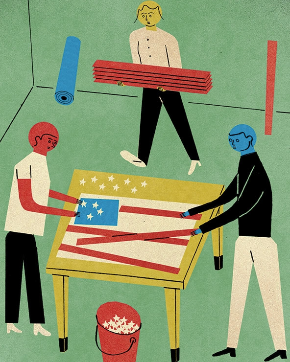 People putting stripes and stars on a flag