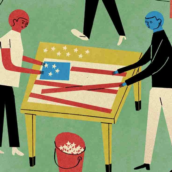 People putting stripes and stars on an American flag