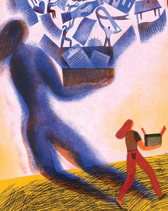Person carrying an open box and their shadow with the box and symbols of nonprofit work -- papers, heart, shaking hands, and buildings -- floating out of the open box