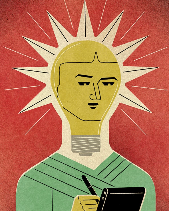 Person with shining lightbulb head writing on a tablet