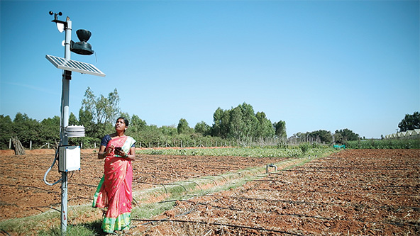 A farmer looks at a weather monitor in a field.