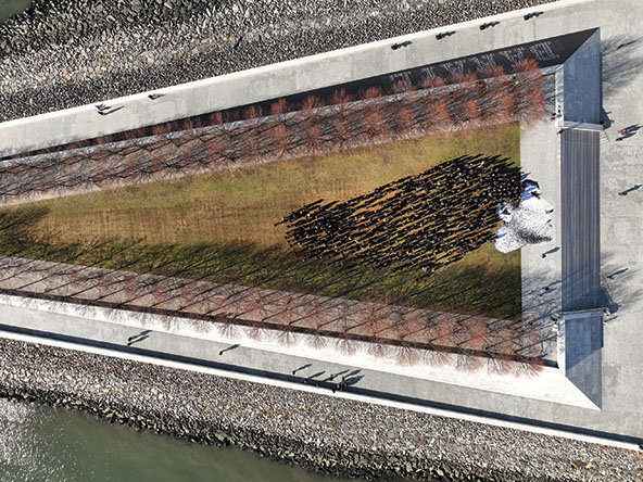Aerial photo of interactive art installation showing profile of woman with flowing hair