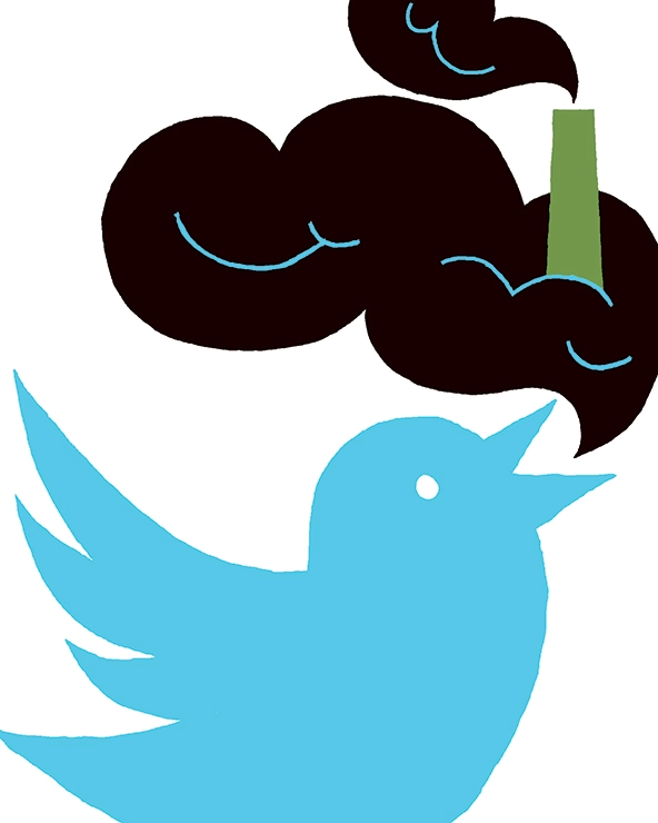 Twitter bird logo with a cloud of smoke and smokestack coming out of its beak.