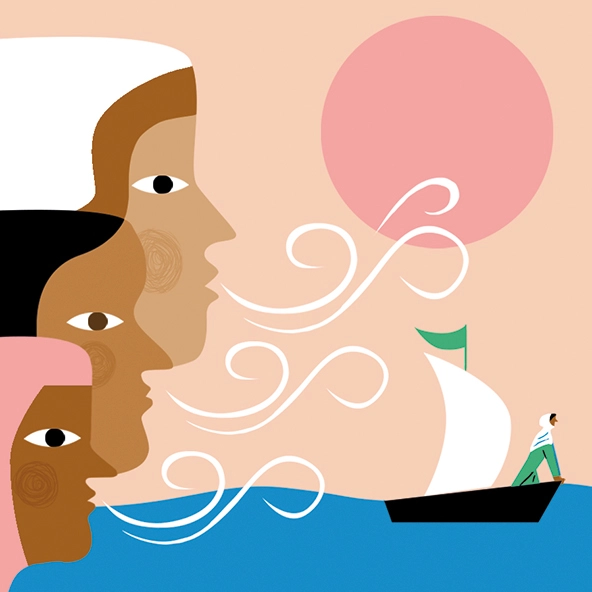 Three women in headscarves blowing a breeze that moves a small boat with a woman wearing a head scarf in it.