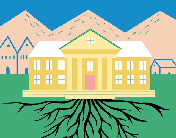 Building sitting on ground with roots coming out from the bottom of it