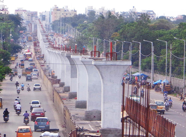 pillars under the elevated rail; built on the road