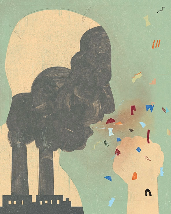 Figure coughing from factory pollution