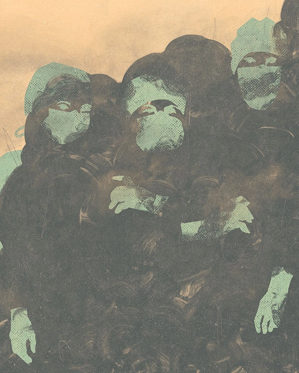 Healthcare workers in masks and caps and gloves covered in pollution; smog