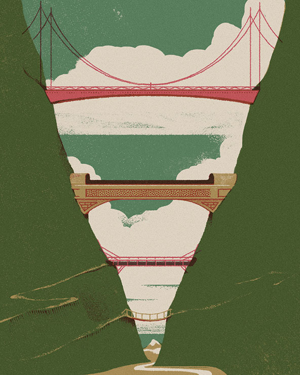 Four bridges of different lengths spanning a canyon