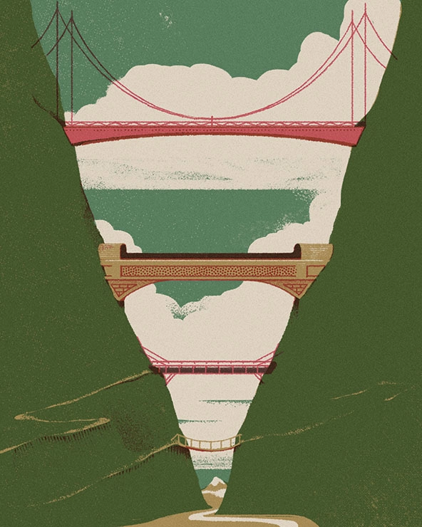 Four bridges of different lengths spanning a canyon