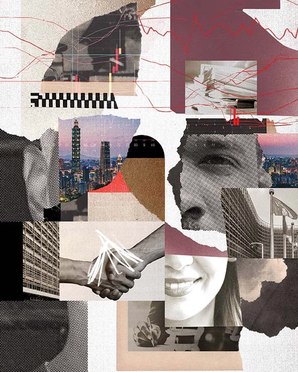 Collage of images including faces, stacks of paperwork, city skylines, person writing