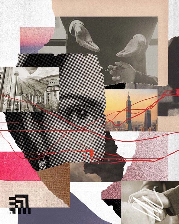 Collage with images of skyline, hand shake, open hands, face