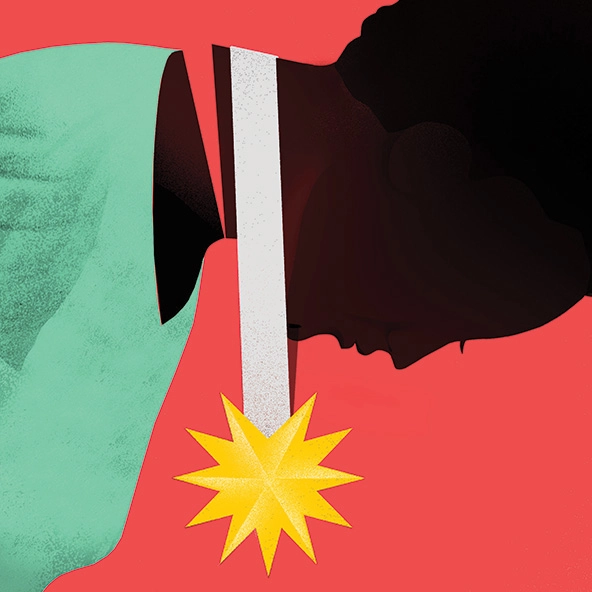 Hero wearing medal with head detached from body; referencing exploitation of heroes explained in article