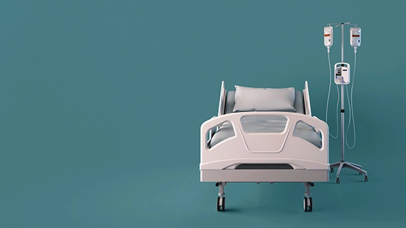 Front view of hospital bed and IV stand