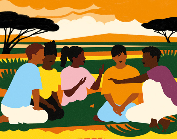 People sitting in grasslands talking together