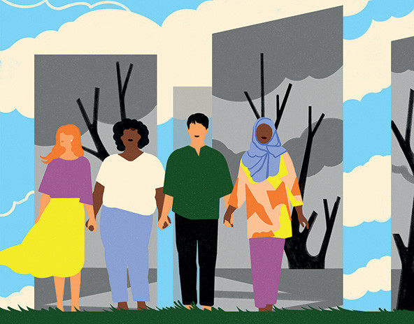 Diverse people holding hands outside, standing in grass in front of a mural