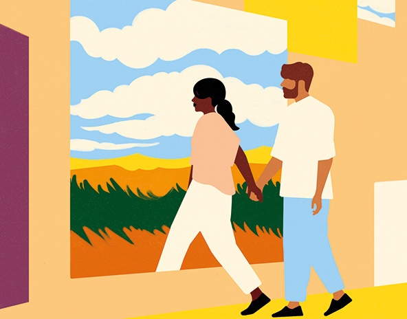 Two people holding hands walking through an open doorway from indoors to outdoors