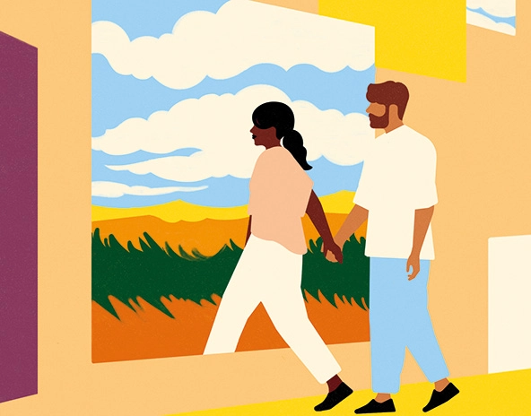 Two people holding hands walking through an open doorway from indoors to outdoors