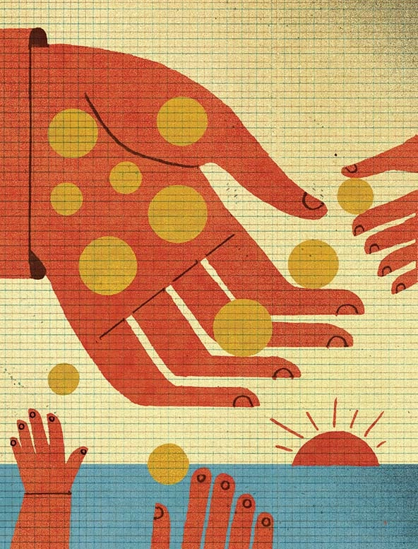 Hands passing coins with a sunset in the background